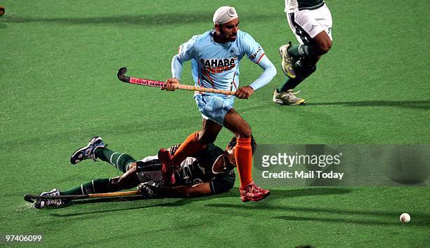 Indian player Sandeep Singh in action at the pool B match of India against Pakistan at the Hockey World Cup in New Delhi on February 28, 2010.