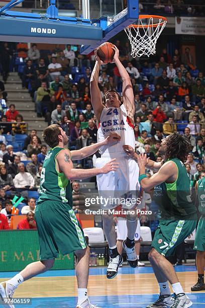 Sasha Kaun, #24 of CSKA Moscow in action during the Euroleague Basketball 2009-2010 Last 16 Game 5 between Unicaja vs CSKA Moscow at Palacio de los...