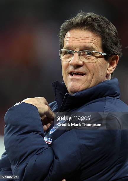 Fabio Capello manager of England looks on prior to the International Friendly match between England and Egypt at Wembley Stadium on March 3, 2010 in...