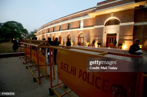 Security Guards on duty at the Dhyan Chand National Stadium a day before the beginning of the Hockey World Cup in New Delhi on February 27, 2010.