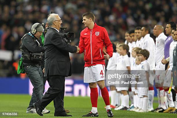 Captain Steven Gerrard greets guests prior to the International Friendly match between England and Egypt at Wembley Stadium on March 3, 2010 in...