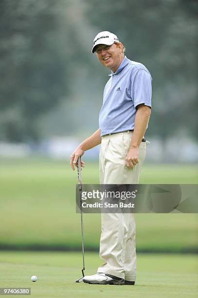 Paul Claxton watches his putt at the 12th green during practice for the Pacific Rubiales Bogota Open Presented by Samsung at Country Club de Bogota...