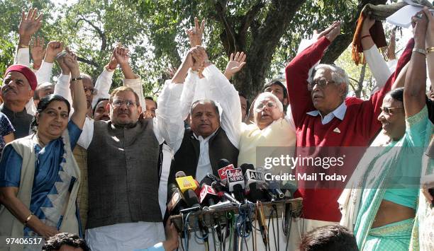 Opposition leaders Sushma Swaraj, Sharad Yadav, Mulayam Singh Yadav, Lalu Prasad Yadav and Gurdas Dasgupta talk to the media after they walked out of...