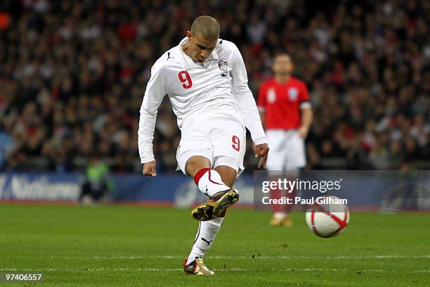 Mohamed Zidan of Egypt scores their first goal during the International Friendly match between England and Egypt at Wembley Stadium on March 3, 2010...