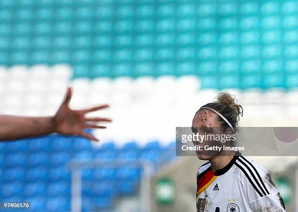 Babett Peter of Germany looks on during the Women Algarve Cup match between Germany and USA on March 3, 2010 in Faro, Portugal.