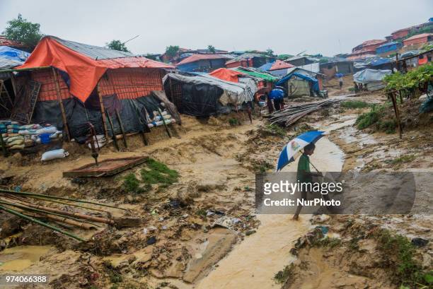 Rohingya child is walking inside the kutupalong makeshift shelter in Coxs Bazar, Bangladesh on June 13, 2018.