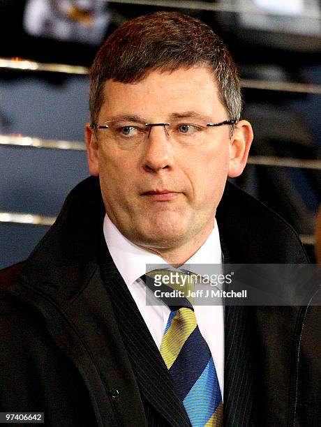 Craig Levein coach of Scotland during the International Friendly match between Scotland and the Czech Republic at Hampden Park on March 3, 2010 in...