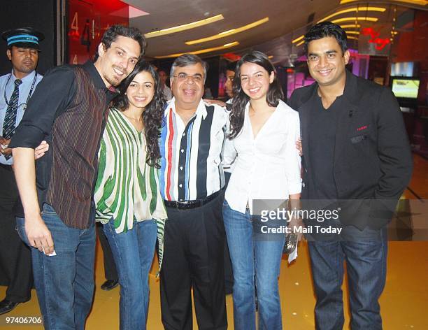 Ambika Hinduja with father Ashok Hinduja and actor R Madhavan at the special screening of Teen Patti in Mumbai on February 25, 2010.