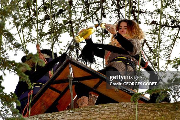 People sit at a table perched in a Ceder tree tasting Sauternes at Chateau Rayne Vigneau in Bommes May 14, 2018. - A sweet wine that is savoured with...