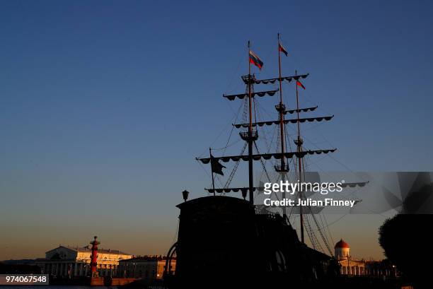 The sunsets behind a ship during previews ahead of the 2018 Fifa World Cup on June 13, 2018 in St Petersburg, Russia.