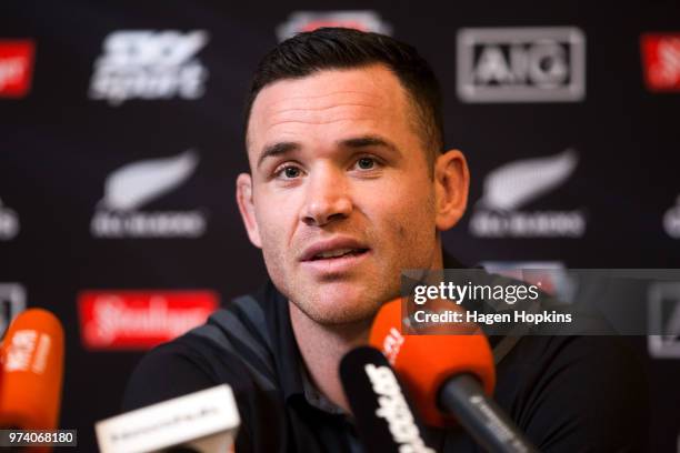 Ryan Crotty speaks to media during a New Zealand All Blacks press conference on June 14, 2018 in Wellington, New Zealand.