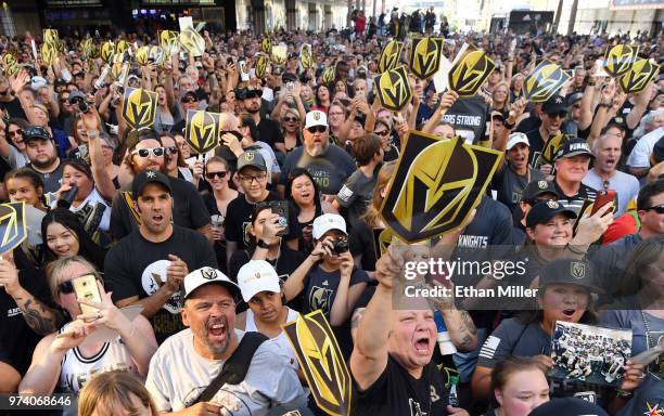 Fans cheer during the Vegas Golden Knights' "Stick Salute to Vegas and Our Fans" event at the Fremont Street Experience on June 13, 2018 in Las...