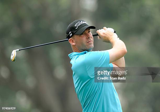 Justin Hicks hits a tee shot during practice for the Pacific Rubiales Bogota Open Presented by Samsung at Country Club de Bogota on March 3, 2010 in...