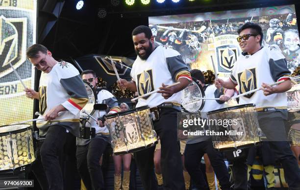 Members of the Vegas Golden Knights Knight Line Drumbots perform during the team's "Stick Salute to Vegas and Our Fans" event at the Fremont Street...