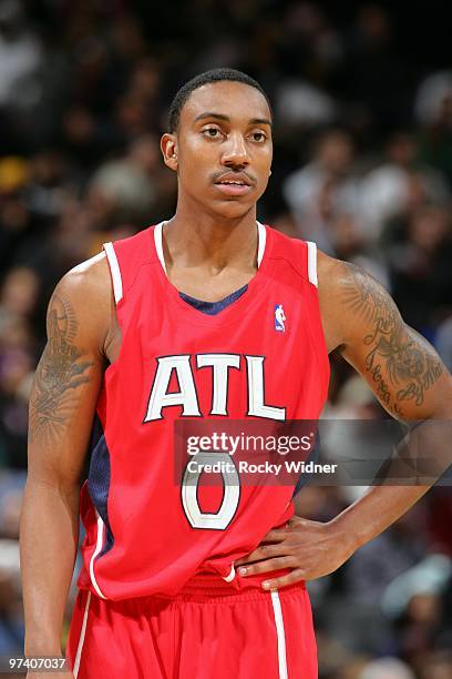 Jeff Teague of the Atlanta Hawks looks on during the game against the Golden State Warriors at Oracle Arena on February 21, 2010 in Oakland,...