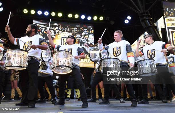 Members of the Vegas Golden Knights Knight Line Drumbots perform during the team's "Stick Salute to Vegas and Our Fans" event at the Fremont Street...