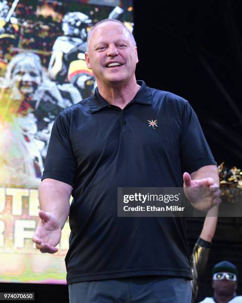 Head coach Gerard Gallant of the Vegas Golden Knights smiles during the team's "Stick Salute to Vegas and Our Fans" event at the Fremont Street...