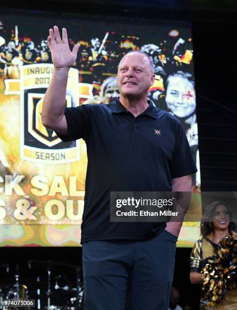 Head coach Gerard Gallant of the Vegas Golden Knights waves during the team's "Stick Salute to Vegas and Our Fans" event at the Fremont Street...