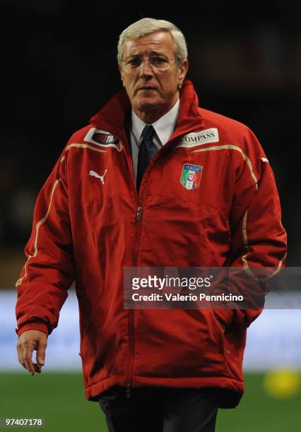 Italy head coach Marcello Lippi looks on during the International Friendly match between Italy and Cameroon at Louis II Stadium on March 3, 2010 in...