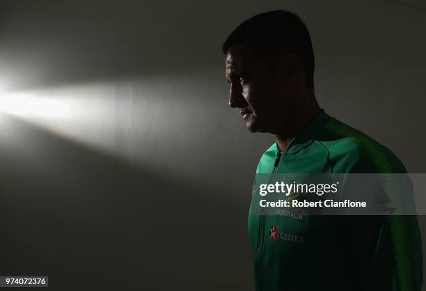 Tim Cahill of Australia leaves an Australia Socceroos media opportunity ahead of the FIFA World Cup 2018 at Stadium Trudovye Rezervy on June 14, 2018...