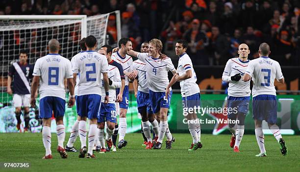 Dirk Kuyt of the Netherland celebrates scoring a goal during the International Friendly between Netherlands and USA at the Amsterdam Arena on March...