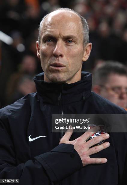 Manager Bob Bradley looks on during the International Friendly between Netherlands and USA at the Amsterdam Arena on March 3, 2010 in Amsterdam,...