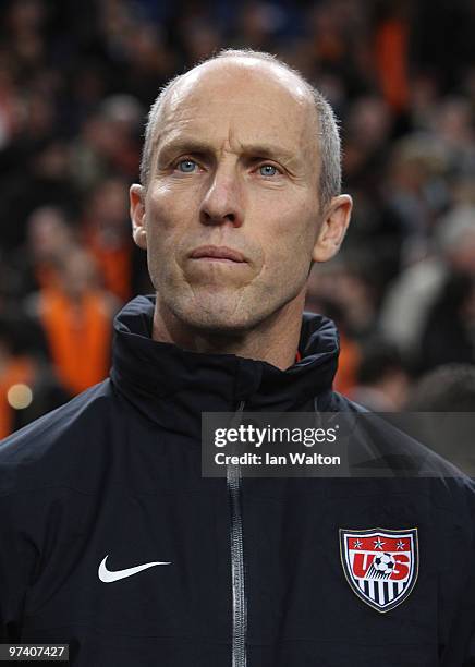 Manager Bob Bradley looks on during the International Friendly between Netherlands and USA at the Amsterdam Arena on March 3, 2010 in Amsterdam,...