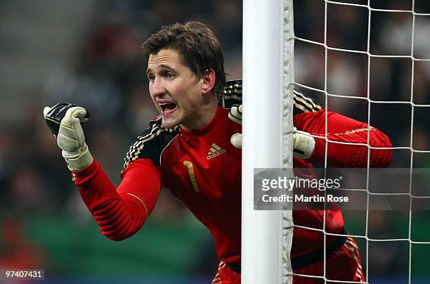 Rene Adler, goalkeeper of Germany gives instructions during the International Friendly match between Germany and Argentina at the Allianz Arena on...
