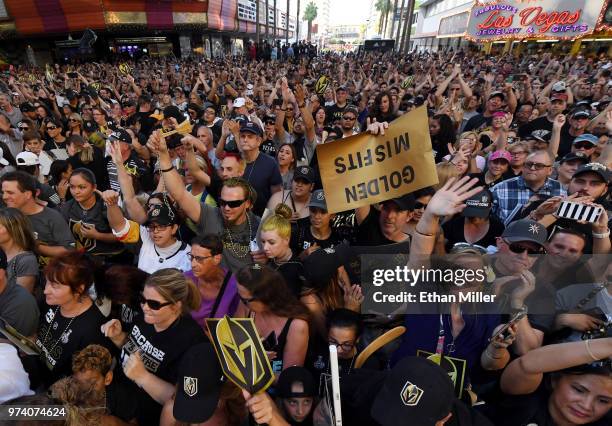 Fans cheer during the Vegas Golden Knights' "Stick Salute to Vegas and Our Fans" event at the Fremont Street Experience on June 13, 2018 in Las...