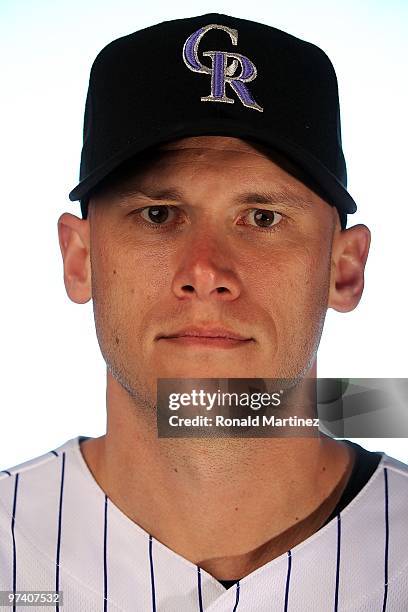 Clint Barmes of the Colorado Rockies poses for a photo during Spring Training Media Photo Day at Hi Corbett Field on February 28, 2010 in Tucson,...