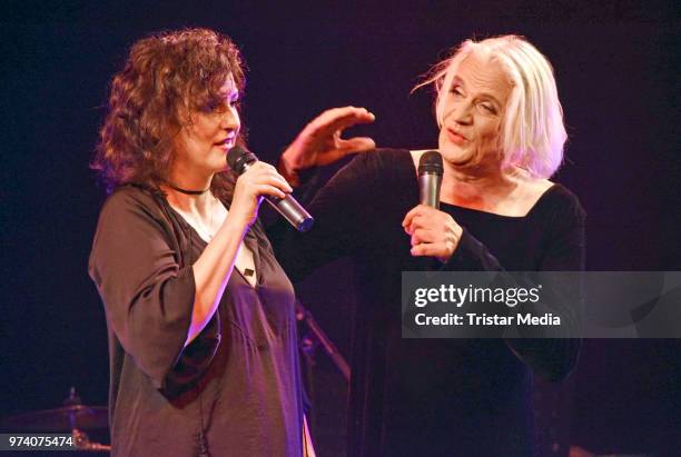 Cora Frost and Georgette Dee perform during the premiere of 'Dee Frost Welt - Lieder' at Tipi am Kanzleramt on June 13, 2018 in Berlin, Germany.