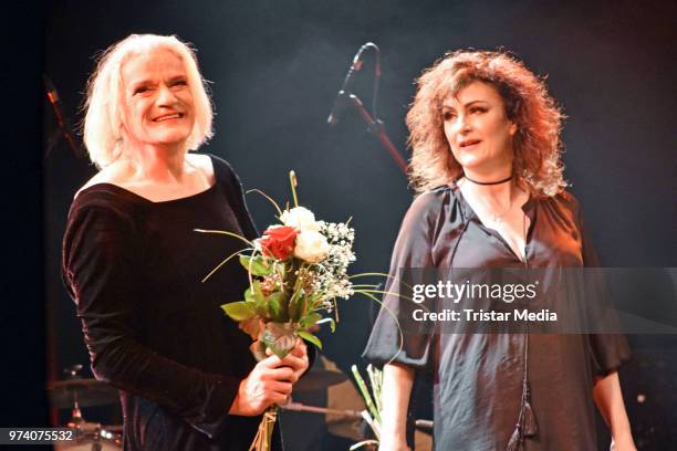 Georgette Dee and Cora Frost perform during the premiere of 'Dee Frost Welt - Lieder' at Tipi am Kanzleramt on June 13, 2018 in Berlin, Germany.