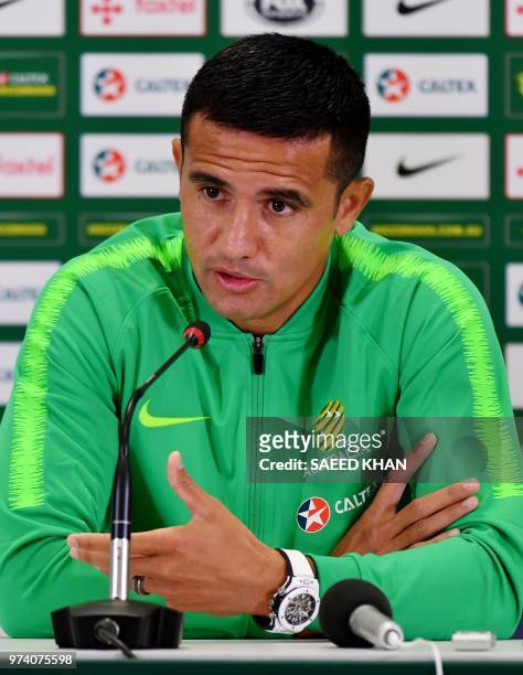 Australia's forward Tim Cahill attends a press conference in Kazan on June 14 ahead of the Russia 2018 World Cup football tournament. - Cahill is the...