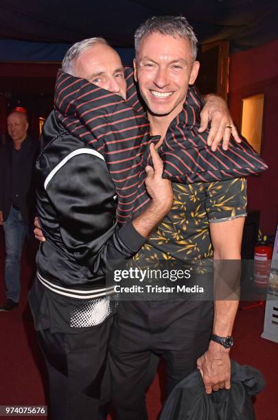 Frank Wilde and Olaf Hajek attend the premiere of 'Dee Frost Welt - Lieder' at Tipi am Kanzleramt on June 13, 2018 in Berlin, Germany.