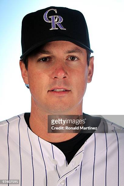 Brad Hawpe of the Colorado Rockies poses for a photo during Spring Training Media Photo Day at Hi Corbett Field on February 28, 2010 in Tucson,...