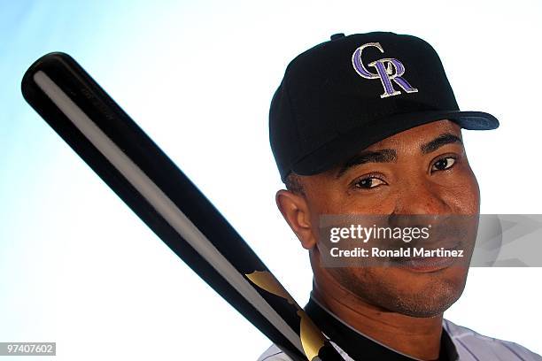 Melvin Mora of the Colorado Rockies poses for a photo during Spring Training Media Photo Day at Hi Corbett Field on February 28, 2010 in Tucson,...