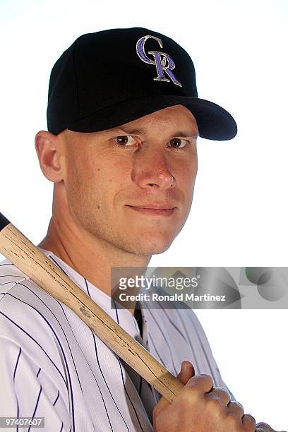Clint Barmes of the Colorado Rockies poses for a photo during Spring Training Media Photo Day at Hi Corbett Field on February 28, 2010 in Tucson,...