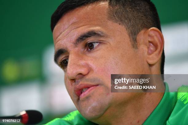 Australia's forward Tim Cahill attends a press conference in Kazan on June 14 ahead of the Russia 2018 World Cup football tournament. - Cahill is the...