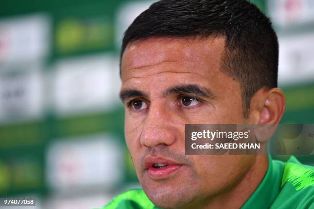 Australia's forward Tim Cahill attends a press conference in Kazan on June 14 ahead of the Russia 2018 World Cup football tournament. - Cahill is the...