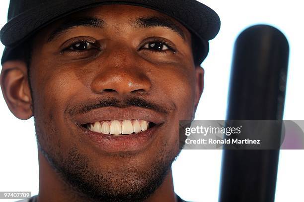 Dexter Fowler of the Colorado Rockies poses for a photo during Spring Training Media Photo Day at Hi Corbett Field on February 28, 2010 in Tucson,...