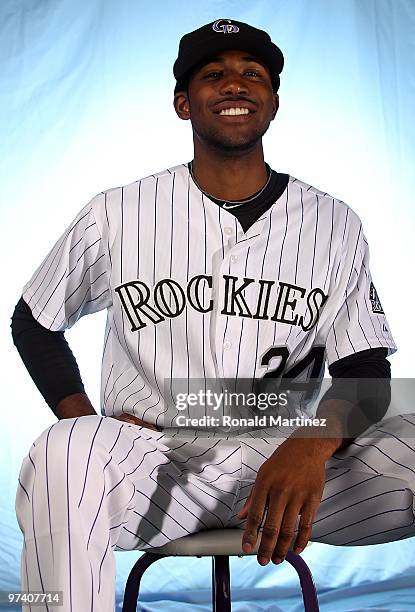 Dexter Fowler of the Colorado Rockies poses for a photo during Spring Training Media Photo Day at Hi Corbett Field on February 28, 2010 in Tucson,...