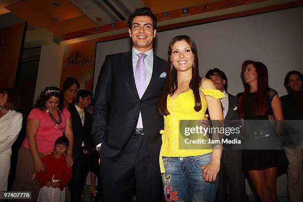 Actors Andres Palacios and Carla Hernandez pose for a photograph during the presentation of the soap opera Vidas Robadas at Camino Real Pedregal...