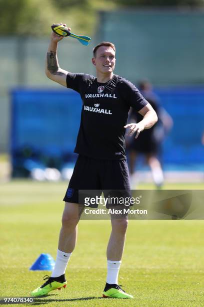 Harry Maguire of England takes part in a training session during the England media access at Spartak Zelenogorsk Stadium ahead of the FIFA World Cup...