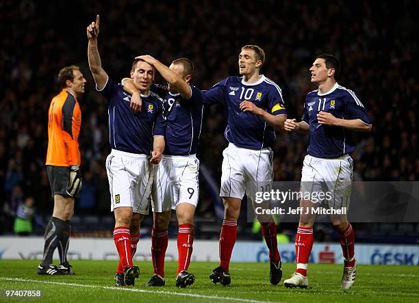 Scott Brown of Scotland celebrates with Kenny Miller after scoring during the International Friendly match between Scotland and the Czech Republic at...