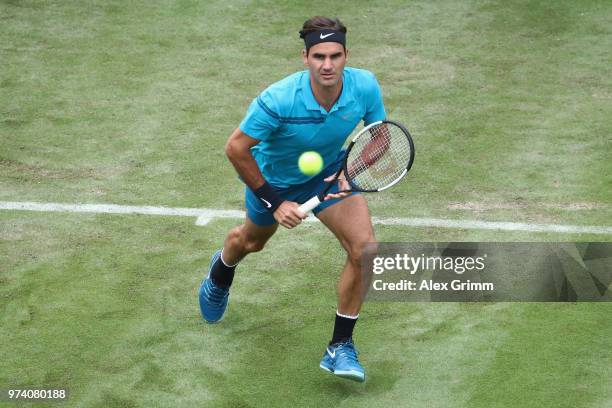 Roger Federer of Switzerland during his match against Mischa Zverev of Germany during day 3 of the Mercedes Cup at Tennisclub Weissenhof on June 13,...