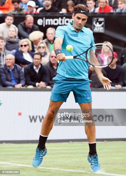 Roger Federer of Switzerland plays a backhand to Mischa Zverev of Germany during day 3 of the Mercedes Cup at Tennisclub Weissenhof on June 13, 2018...