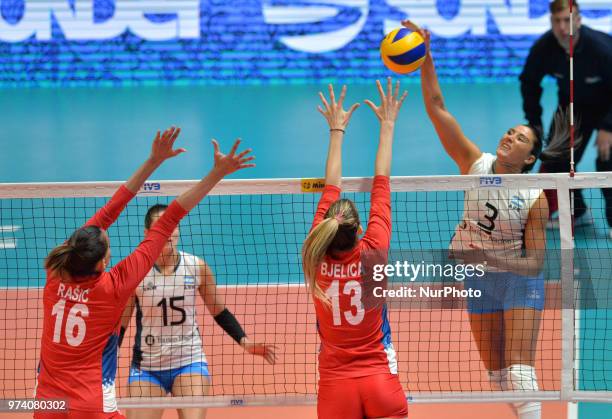 And ANTONELA FORTUNA of Argentina against MILENA RASIC and Ana Bjelica of Serbia during FIVB Volleyball Nations League match between Argentina and...