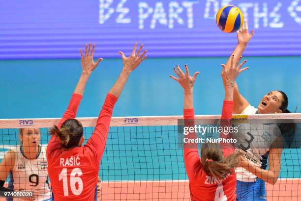 Of Argentina against MILENA RASIC and BOJANA ZIVKOVIC of Serbia during FIVB Volleyball Nations League match between Argentina and Serbia at the...