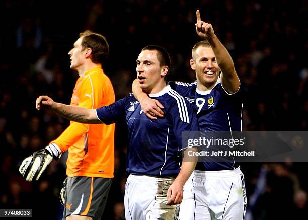 Scott Brown of Scotland celebrates with Kenny Miller after scoring during the International Friendly match between Scotland and the Czech Republic at...
