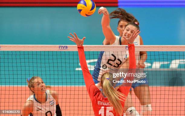 Of Argentina against JOVANA STEVANOVIC of Serbia during FIVB Volleyball Nations League match between Argentina and Serbia at the stadium of the...